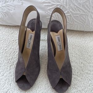 Jimmy Choo Shar Suede Neck Slingback Pumps, Size 41, Smoke Grey, 85mm heel heigh